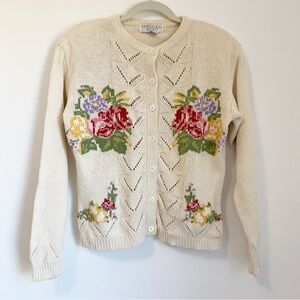 Vintage Floral Knit Cream Cardigan Sweater Cottagecore